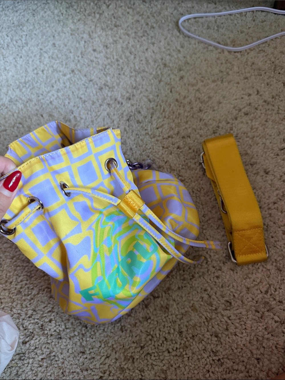 Fiorucci Yellow and Lavender Graphic Drawstring Satchel